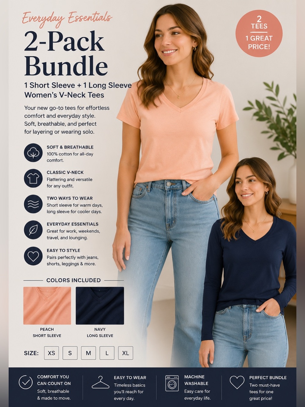 2-Pack St. John’s Bay Women’s V-Neck Tees — Peach & Navy size Medium